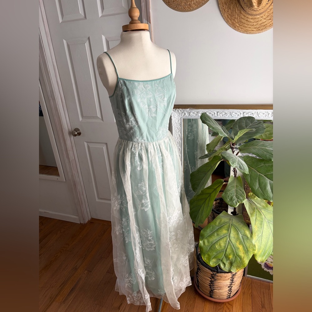 Vintage Dana Buchman Lined Silk Maxi Dress Mint Green Floral Sz 8 Cottagecore - Picture 3 of 9